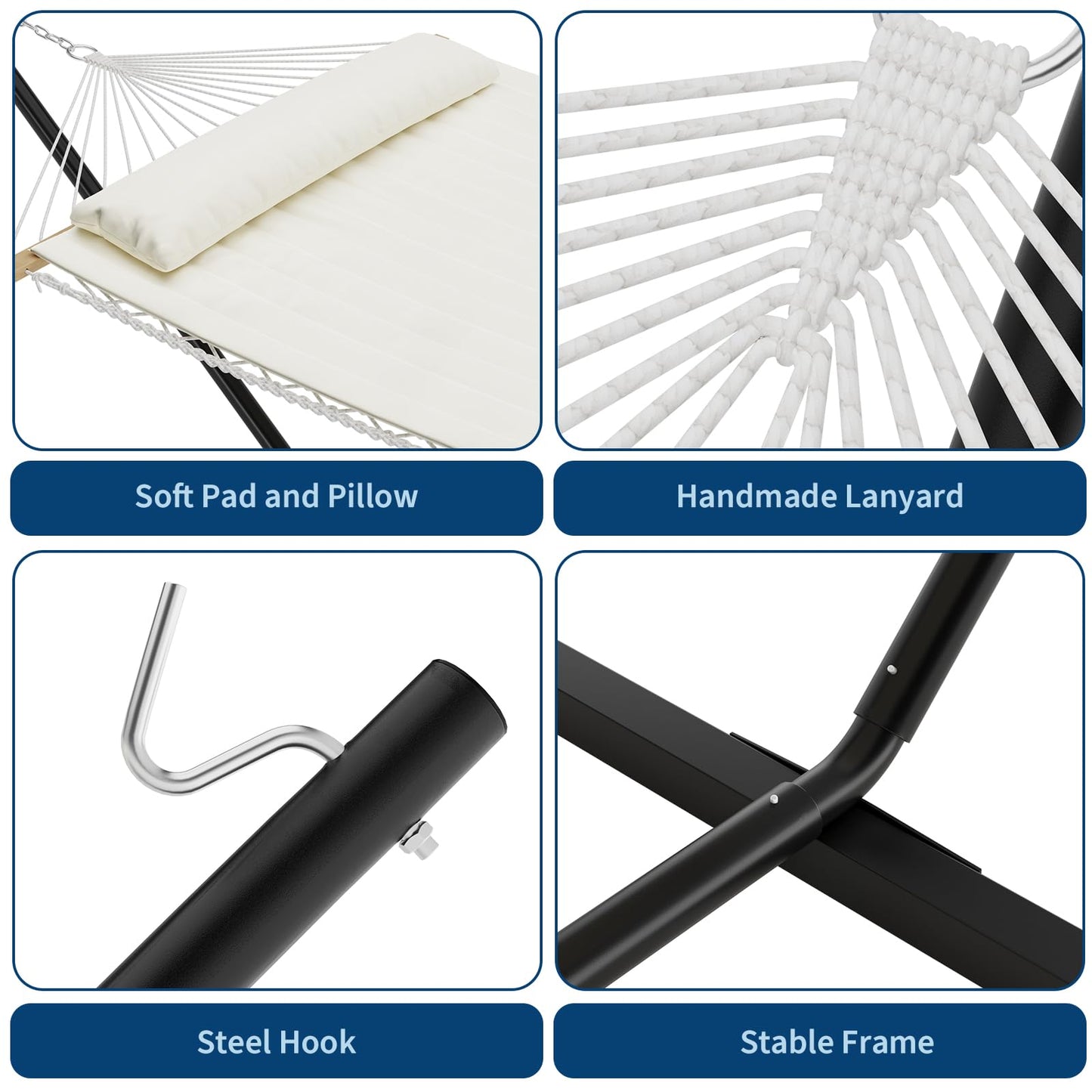 Double Hammock with Stand for 2, Heavy Duty 350 Lb Capacity Portable Rope Hammock for Indoor & Outdoor Use, Includes Padded Mat and Pillow, Tool-Free Easy Assembly, Beige