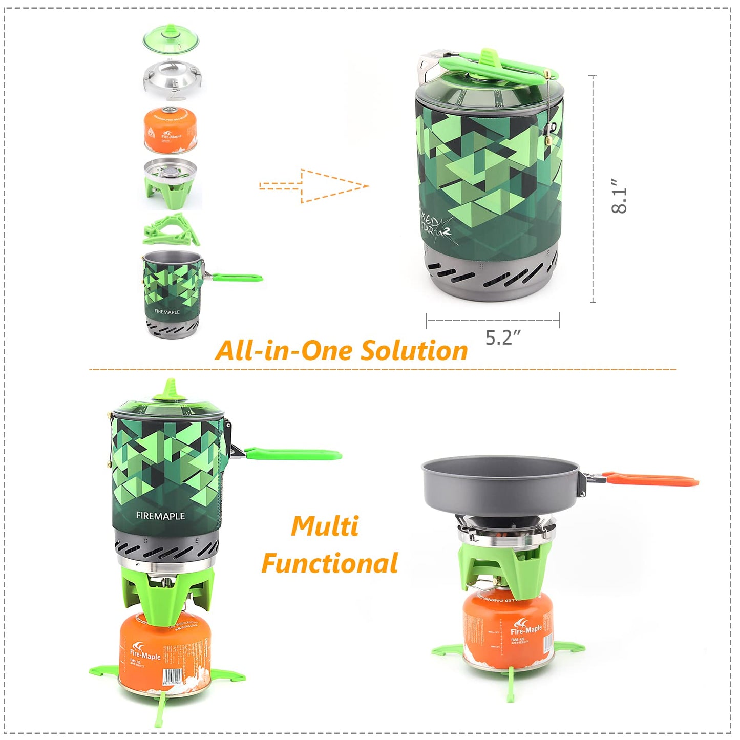 Fire-Maple Camping Backpacking Stove Camp Stove Backpacking Cooking Set 1L Camping Pot Fixed Star 2 Cooking System (Green)