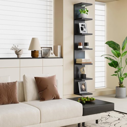 Fixwal 7-Tier Black Floating Wall Shelves - LED Lights for Home Decor & Organizer Display