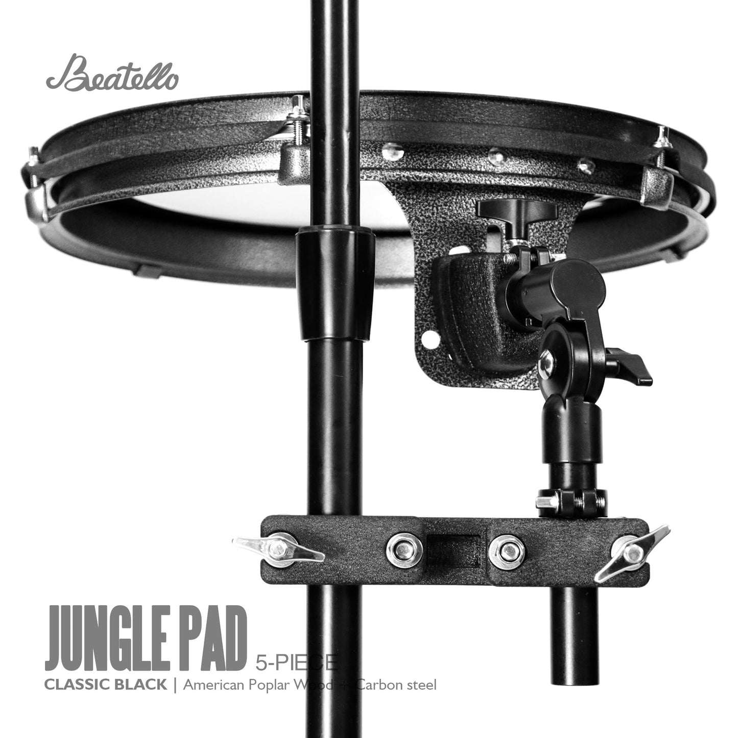 Beatello Jungle Pad Compact Portable Adult 5pc Drum Set, 1.5 inches ultra-thin steel drum Cavity,14 Inches Complete Full Size Kit with Bass, Toms, Snare, Floor,Stands, Hi-Hat Pedal,Drum Pedal,Black