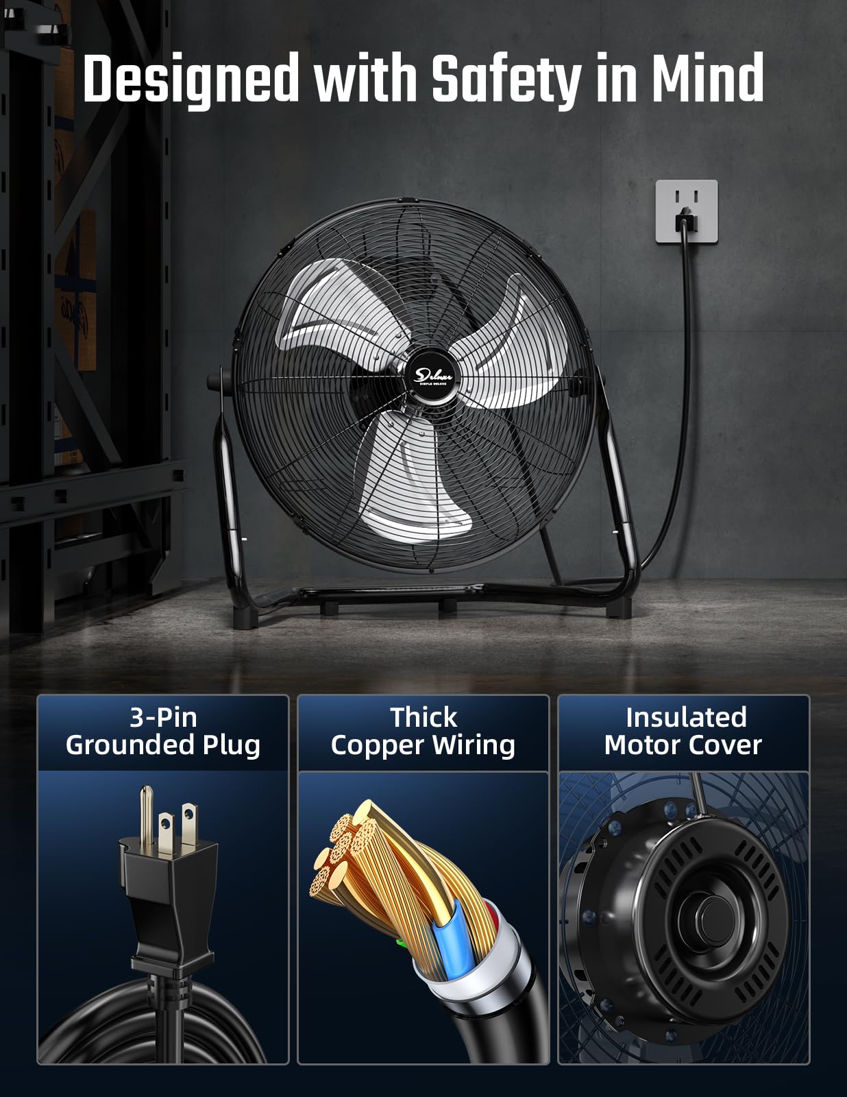 Simple Deluxe 18 Inch 3-Speed High Velocity Heavy Duty Metal Industrial Floor Fans Quiet, Black, 2 Pack