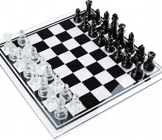 Elegant Glass Chess Set 13.8 Inch - Large Modern Chess Board Game with Black &amp Clear Pieces Felted Bottoms - Crystal Strategy Game Gift for Adults Home Decor