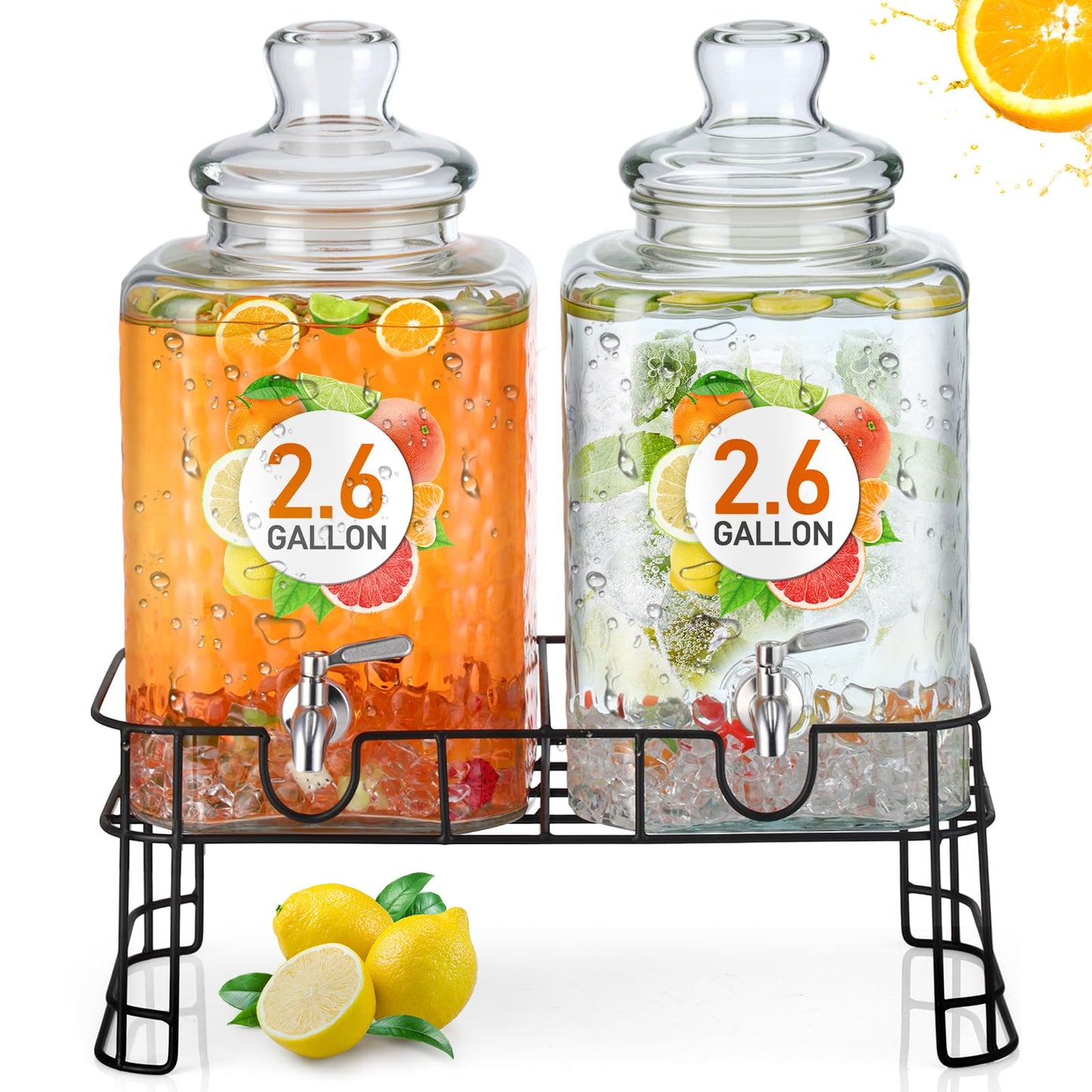 Honeydak 2.6 Gallon Glass Beverage Dispenser with Stand Stainless Steel Spigot Glass Lid Clear Iced Juice Container Leakproof Drink Dispenser Countertop Lemonade Water Jar for Wedding Party (2 Pack)