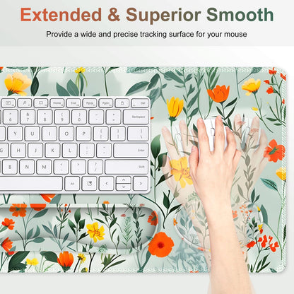NXZGO Large Gaming Mouse Pad Set, 4 in 1 Ergonomics Keyboard Desk Mat Memory Foam Wrist Rest, Computer PC Extended Game Mousepad, Non-Slip Desk Matt Easy Typing Pain Relief I Blooming Orange Florals