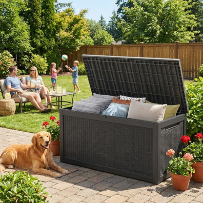 Decksplore 320 Gallon Resin Deck Box, Waterproof Outdoor Storage Bin for Patio Furniture, Pool Accessories, and Garden Tools, Lockable & UV-Resistant, Black