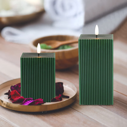 Girimax Dark Green Ribbed Flameless Candles with Remote, Battery Operated LED Square Candles Set of 2 Φ 3" H 4" 6"