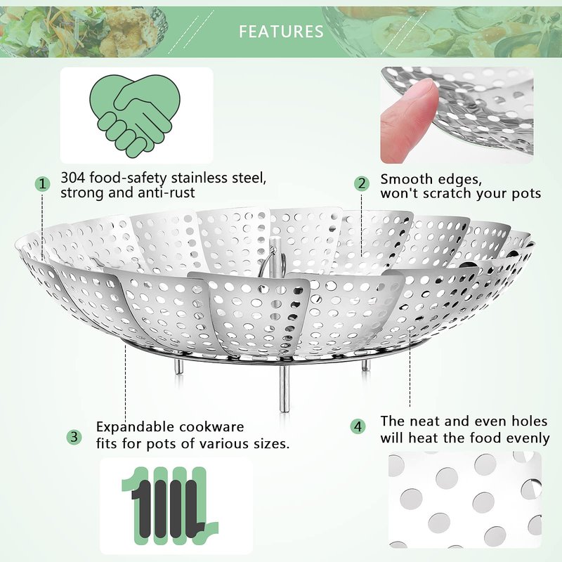Buylorco Stainless Steel Folding Vegetable Steamer Insert Steamer Cookware for Veggie Seafood Cooking (Fit Pots 7" to 11")
