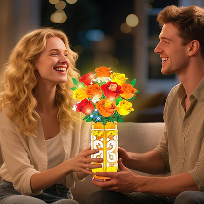 Flower Bouquet Building Set with Vase &amp LED Light Yellow Orange and Red Roses 3.6MM Mini Building Blocks Gifts for Women/Girlfriend/Wife Small Fake Flowers for Home Office Decor