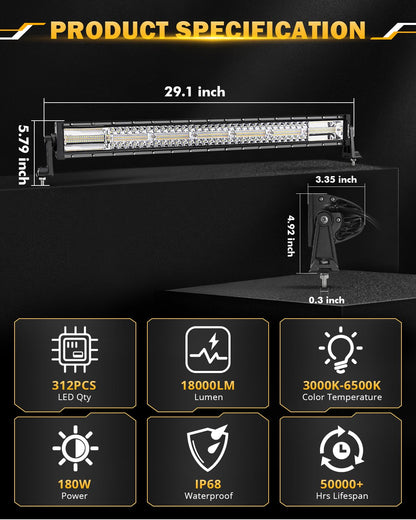 Auxbeam 30 Inch 180W LED Light Bar, 6 Modes Spot Flood Combo Offroad Lighting Amber White Strobe Fog Light, Memory Reset Function Waterproof Driving Work Light with Wiring Harness Kit