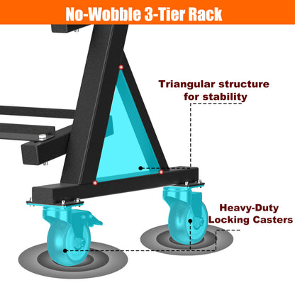 CHICAURA 3 Tier Dumbbell Rack with Lockable Wheels, 1200LBS Rolling Weight Rack for Home Gym, Heavy Duty Adjustable Dumbbell Holder for Kettlebell & Free Weights Storage Organizer