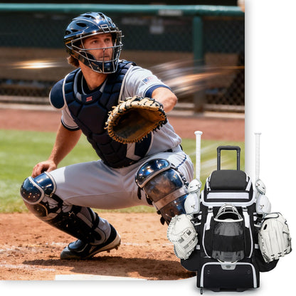 KAVIGOR Catchers Gear Bag with Wheels, 90L Rolling Baseball/Softball Bag Holds 2 Sets of Gear with Glove Compartment, Helmet Holder & Shoe Compartment