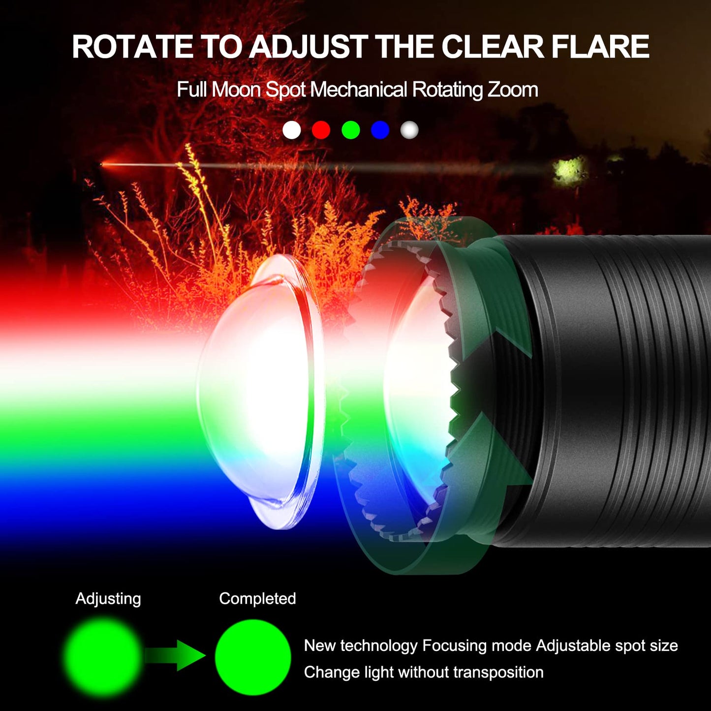 ANEKIM UC90 New 4-Color-in-1 (Red, White, Green,Blue) Circular Spotlight Hunting Light Predator Flashlight kit（Adjustable Light spot Clarity）