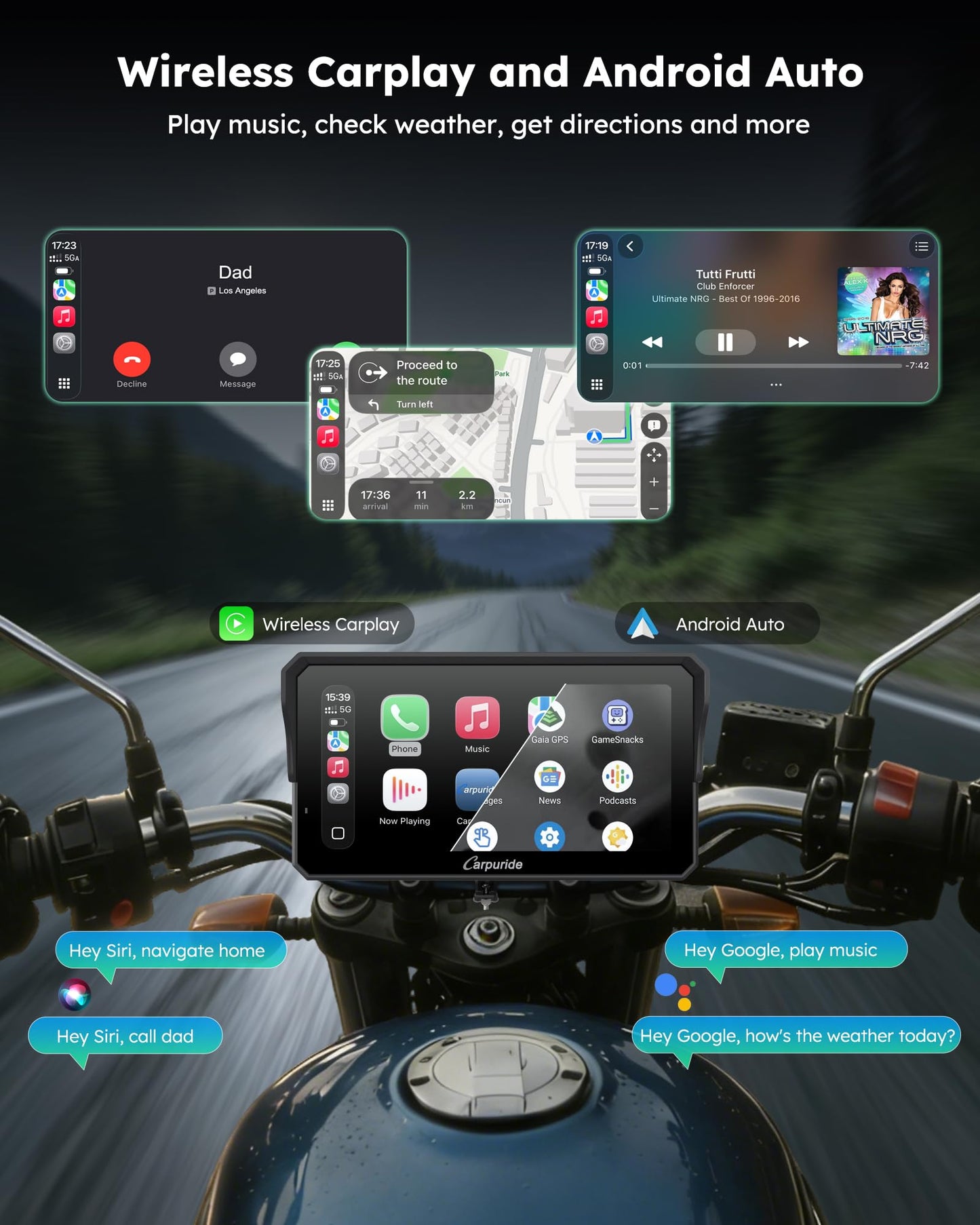 Carpuride Motorcycle Carplay with Type-C Port & TPMS, 6.25" Wireless Car Play & Android Auto GPS Navigation Moto Screen with Wired Controller, IP67 Waterproof, OTA, Dual Bluetooth, Intercom,Play Music