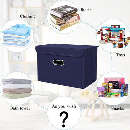 STOREONE Fabric Storage Cube Bins Foldable Organizer Container Collapsible Basket with Lids and Metal Handles, for Home, Bedroom, Closet 8 Pcs (Navy Blue)