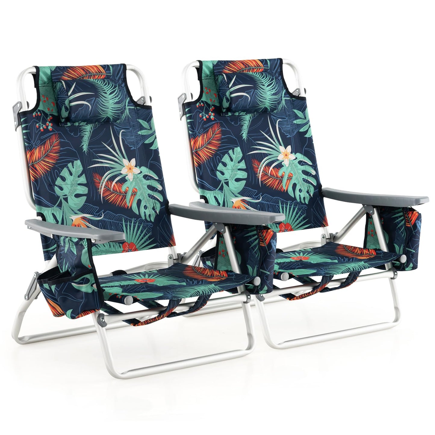 GYMAX Beach Chairs, Backpack Camping Chair with Armrest, Cooler Bag, Cup Holder, Towel Bar & Side Pockets, Sunbath Sling Tanning Lounge, Folding Layout Chair (Without Table, Flower)
