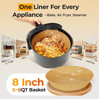 125Pcs Air Fryer Paper Liners Disposable, Non-Stick Air Fryer Parchment Paper, Food Grade Baking Liner for Baking Roasting Microwave (8IN-Round)