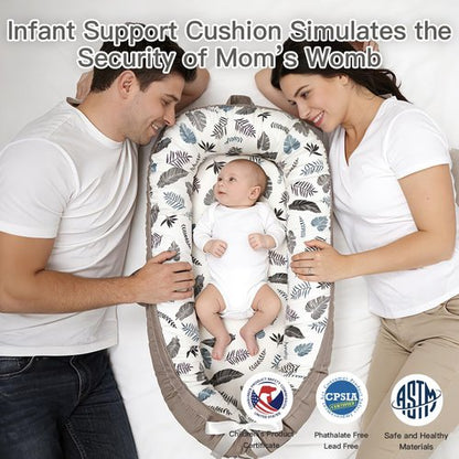 Infant Support Cushion - Reversible & Adjustable Baby Tummy Time Mat | Portable, Soft, Washable Cover | Grey Leaves