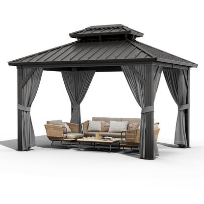 10x12 ft Hardtop Gazebo with Galvanized Steel Double Roof, Heavy Duty Galvanised Steel Hardtop Pavilion with Nettings and Curtains for Party, Wedding, Outdoor Dining, Patio, Backyard