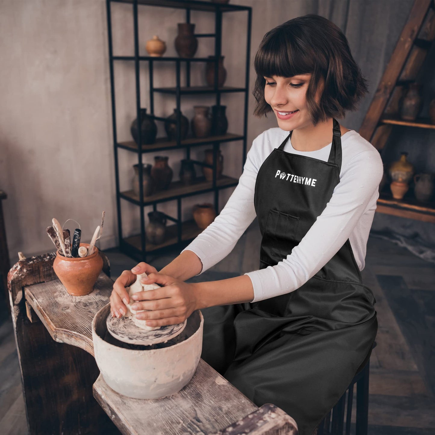 Potterhyme Reusable Full Coverage Waterproof Pottery Apron Split Leg - 100% Lined Polyester Apron For Men & Women - For Ceramic Wheel Throwing, Woodturning, Painting, and Clay or Tattoo Artists