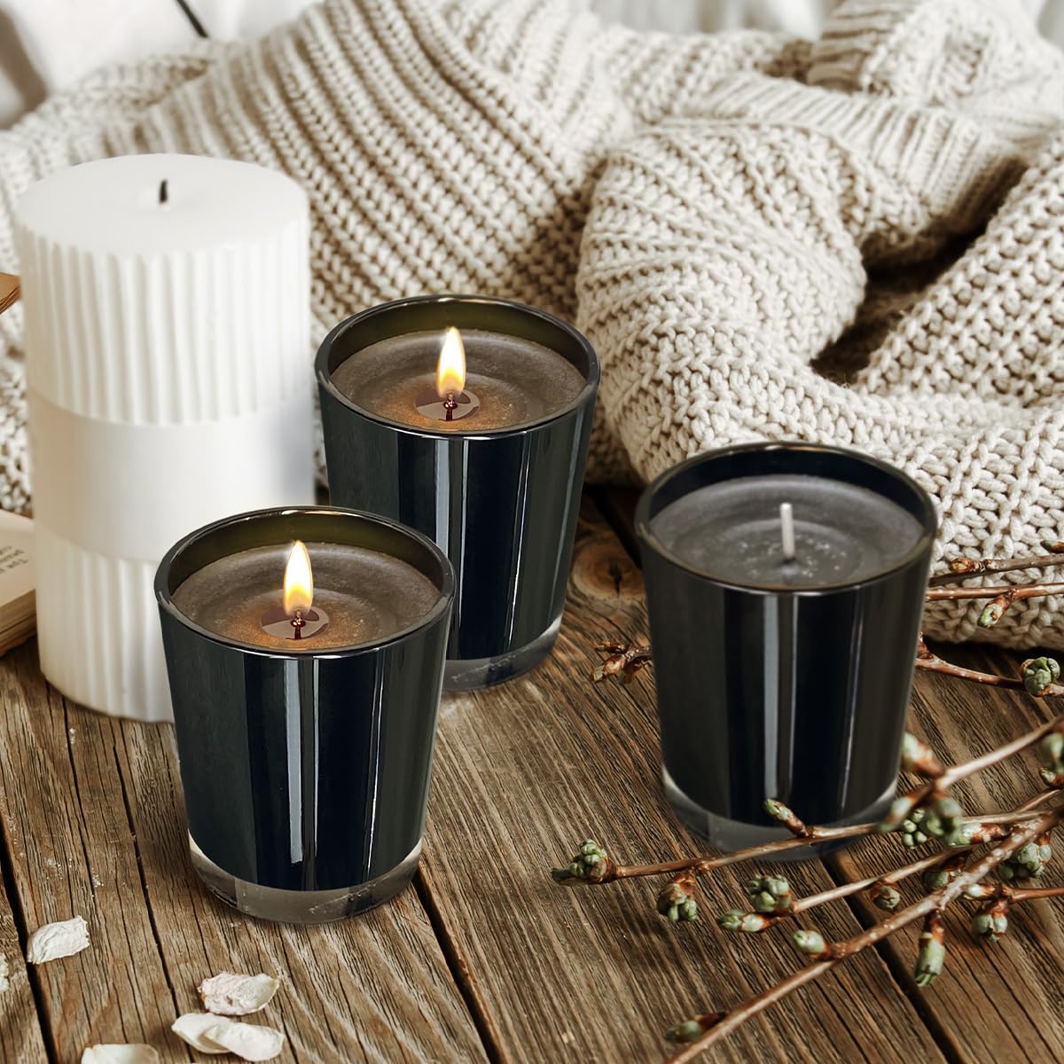 12 Pack Black Unscented Glass Filled Votive Candles, Soy Wax Candle Ideal Gifts for Spa Weddings Birthdays Holidays Party