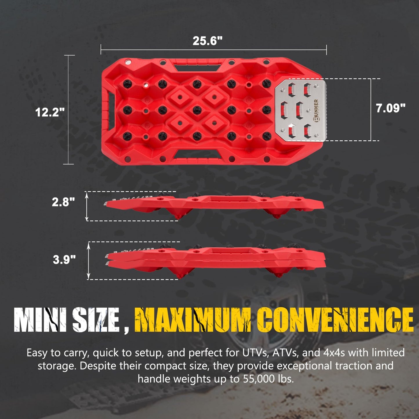 BUNKER INDUST Offroad Traction Boards with Jack Base, Pair Portable Recovery Track Tire Traction Mat - Red Sand,Mud,Snow Tracks(Replaceable Dual Colors Teeth/Rugged Steel Plate), Gen 12th