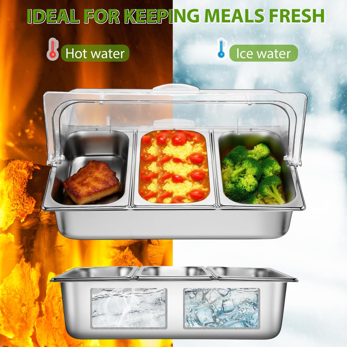 Ziliny 3 Pan Countertop Food Serving Display Container Stainless Steel Pizza Topping Station Display Rack Condiment Dispenser with Clear Roll Top Cover for Buffet Restaurant Hotel Kitchen Party