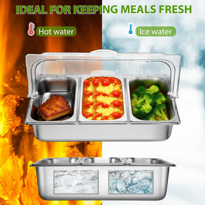Ziliny 3 Pan Countertop Food Serving Display Container Stainless Steel Pizza Topping Station Display Rack Condiment Dispenser with Clear Roll Top Cover for Buffet Restaurant Hotel Kitchen Party