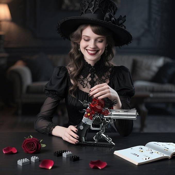 Gothic Rose Revolver Building Kit - Dark Romantic Fusion of Blood-Red Roses Twisted Thorns &amp Industrial Gears Movable Barrel Cylinder &amp Trigger Gifts Collection for Gothic Art Devotees