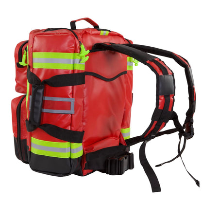 Kemp USA Heavy-Duty EMT Bag, Made with Fluid-Resistant Tarpaulin Material - Emergency Survival Kit with Room for D O2 Tank - Medical Backpack with Multiple Handles (Tarpaulin Fabric Red)