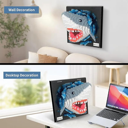 Shark Animal 3D Wall Art Micro Mini Building Blocks Set for Adults Unique Home Wall Decor or Table Display No Compatible with Lego Ideal Birthday Christmas Toy Gift for Teens (2166 PCS)