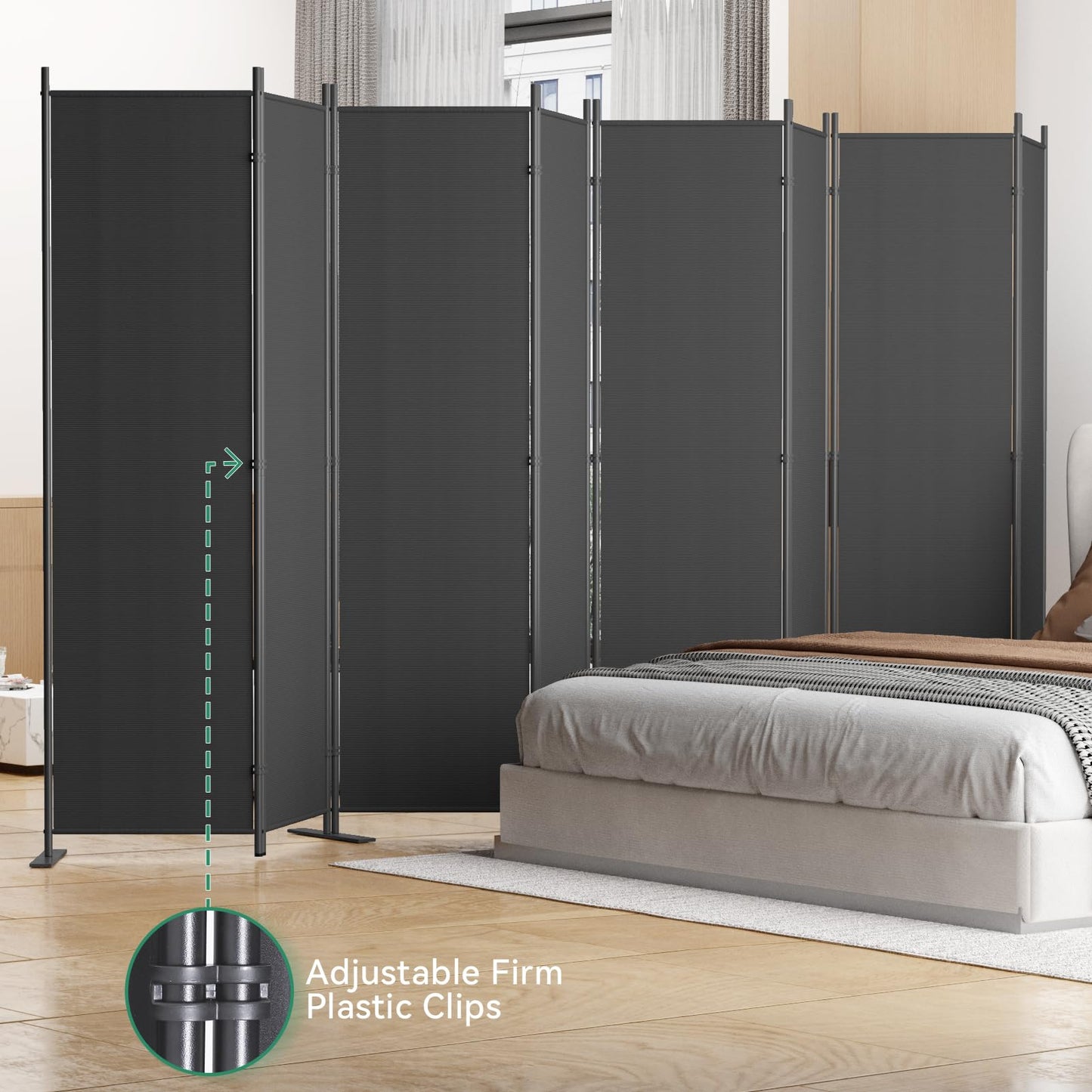 Helios&Hestia 8-Panel 6 ft Tall Indoor Folding Room Divider, Portable Privacy Screen, Freestanding Partition Separator, Temporary Wall Separation for Bedroom, Office, 160" W X 71" H, Dark Grey