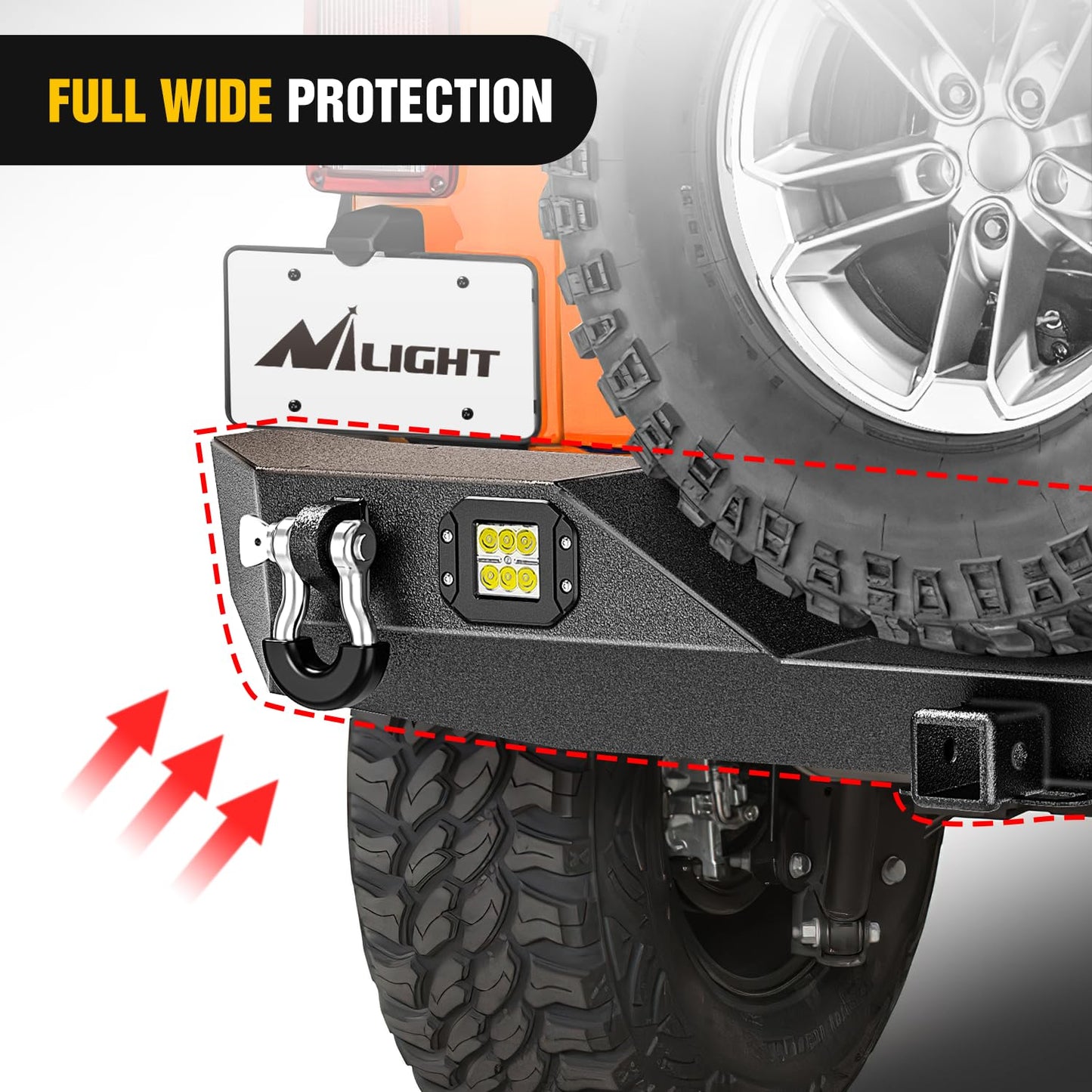 Nilight Rear Bumper with Spare Tire Carrier Compatible for 2007-2018 Wrangler JK & Unlimited (2/4 Doors) Hitch Receiver w 2 LED Lights D-rings