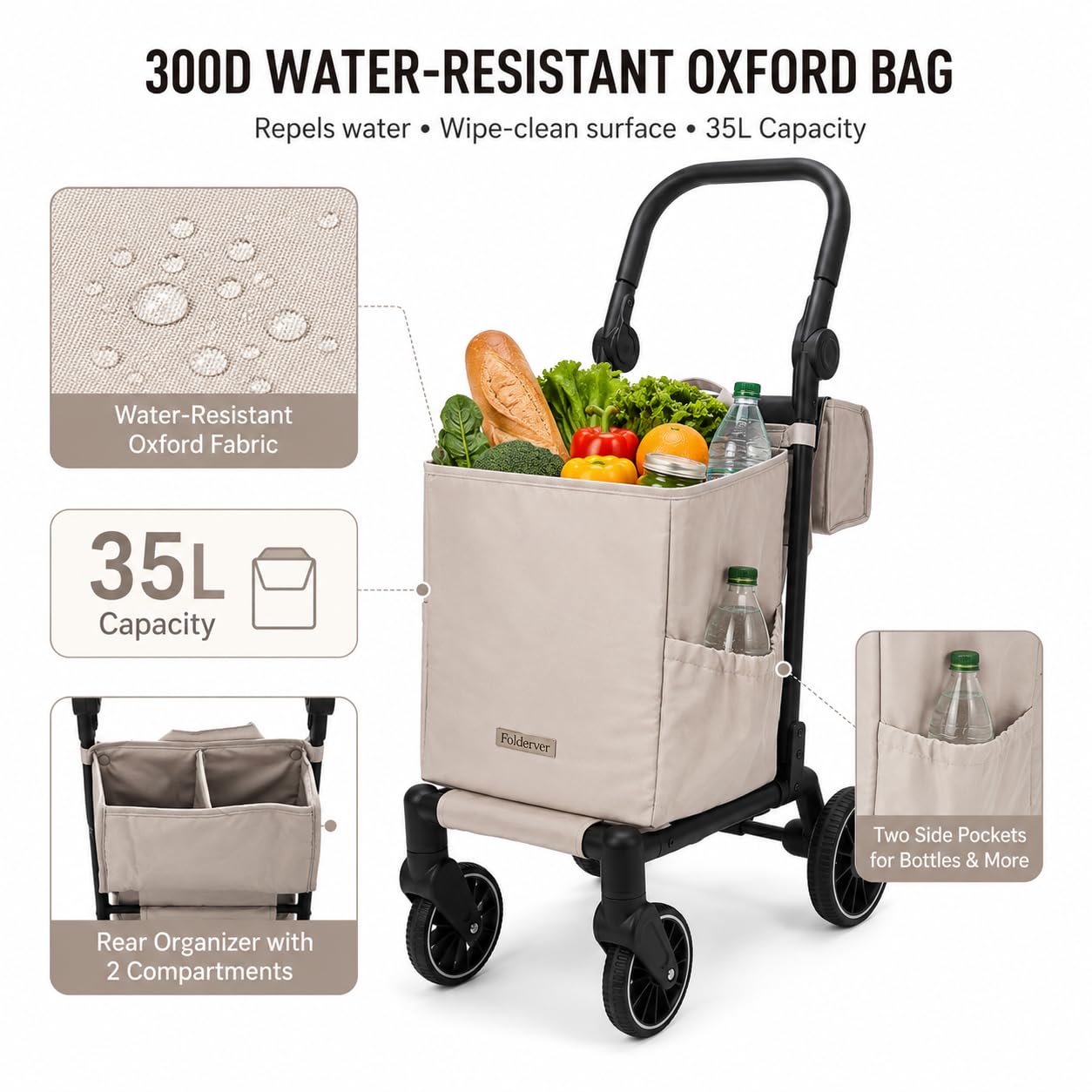 Foldeavor Stroller-Grade Folding Shopping Cart with One-Step Foot Brake, Smooth-Glide Large EVA Wheels, 35L Water-Resistant Grocery Bag, 110 lbs Heavy Duty Foldable Utility Trolley