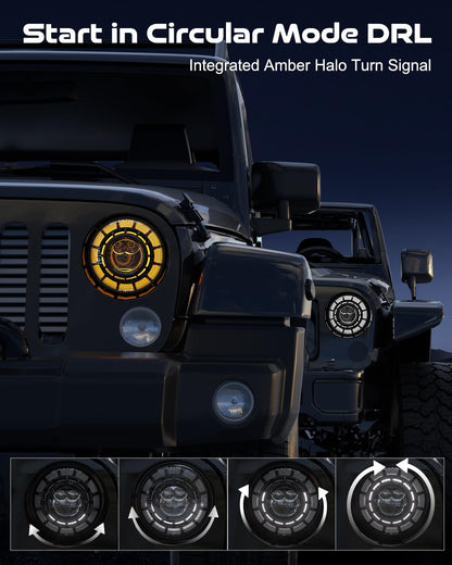 AUDEXEN 7 Inch LED Headlights for Jeep Wrangler JK JKU LJ CJ TJ 1997–2018, Round Headlamps with DRL & Turn Signal, Halo Ring, High/Low Beam, DOT Approved, Plug & Play