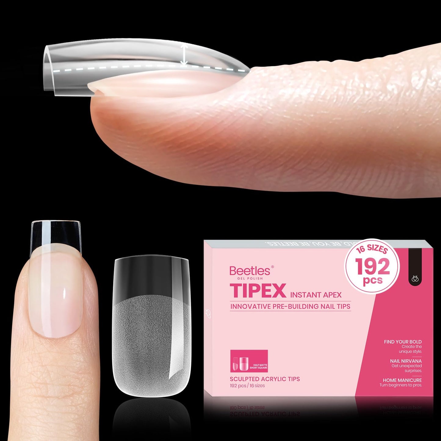 Beetles Tipex Gel Nail Kit, Medium Almond Nail Tips 224 Pcs 16 Sizes Pre-Building Pre-Etched Thick Acrylic Tips with Tipex Glue, Mini Lamp