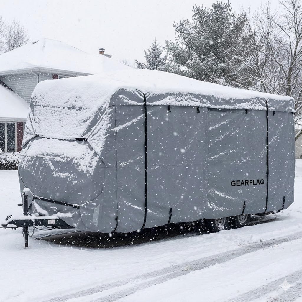 GEARFLAG Travel Trailer Camper Cover Multi-Layers top fits 28' -32' Reinforced Windproof Side-Straps Anti-UV Water-Resistance Heavy Duty for Motorhome RV (Fits 28' - 32')