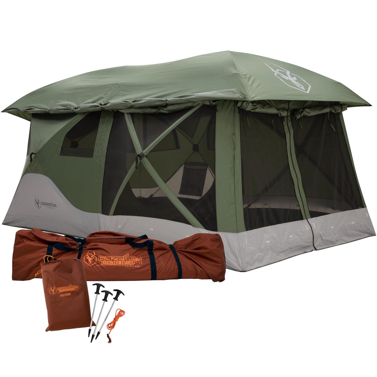 Gazelle Tents™ T4 Tandem Hub Tent with Overland Kit, Easy 90 Second Set-Up, Waterproof, UV Resistant, Removable Floor, Stakes, Duffle Bag, 4-8 Person, Alpine Green/Slate, 165" x 94" x 78", GK916