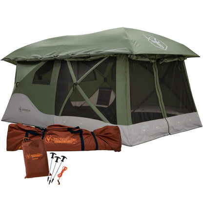 Gazelle Tents™ T4 Tandem Hub Tent with Overland Kit, Easy 90 Second Set-Up, Waterproof, UV Resistant, Removable Floor, Stakes, Duffle Bag, 4-8 Person, Alpine Green/Slate, 165" x 94" x 78", GK916