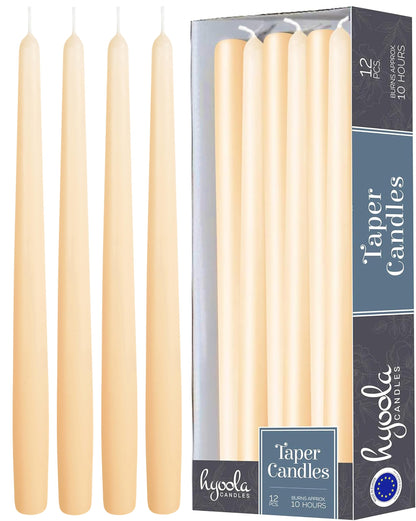 Hyoola Tall Taper Candles - 12 Inch Cream Dripless, Unscented Dinner Candle - Paraffin Wax with Cotton Wicks - 10 Hour Burn Time (Pack of 12)