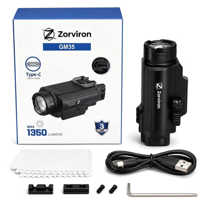 Zorviron GM35 Tactical Flashlight, USB-C Rechargeable,1350 Lumen Rail Mounted Light, FL1 198m Throw, Ambidextrous Dual Switch, Lockout Mode, Fits Glock 17/19/22/23 GL & 1913 Picatinny, IP65
