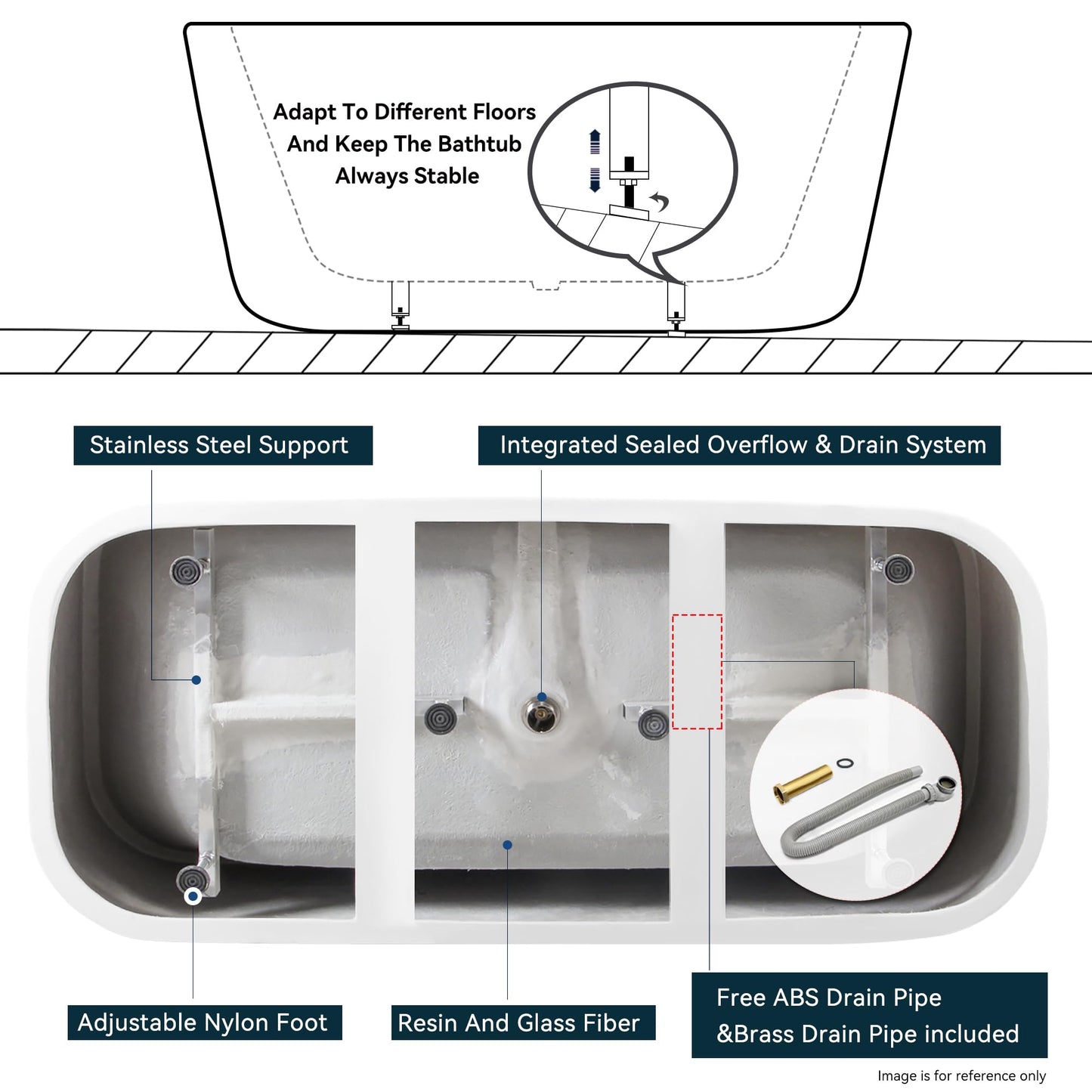 FerdY Maui 67" Acrylic Freestanding Bathtub, Contemporary Elegant Design Soaking Tub with Matte Black Drain and Minimalist Linear Design Overflow, Easy to Install