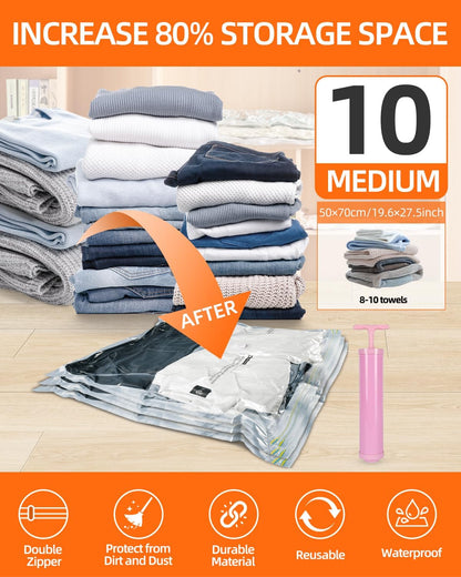 Skiennix Vacuum Storage Bags - Space Saver for Clothing, Bedding & Memory Foam | Medium Size
