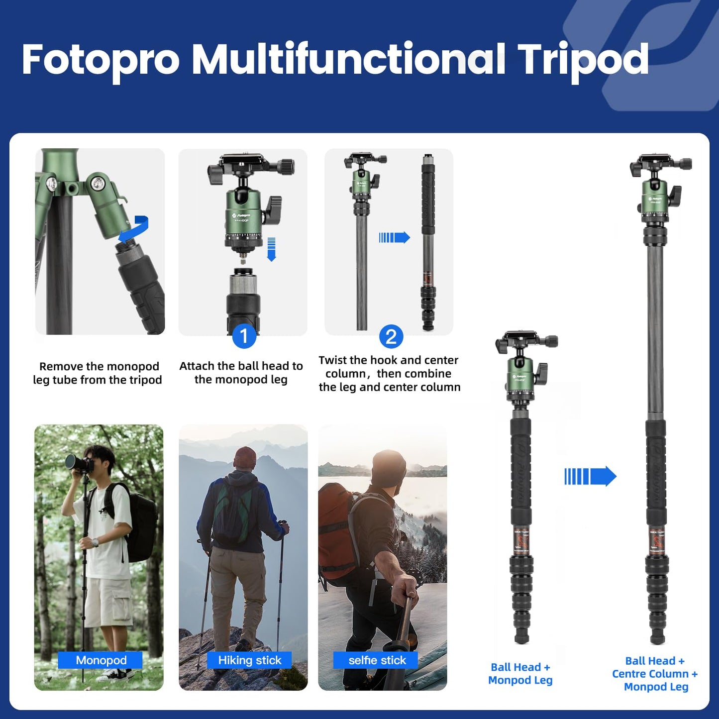 Fotopro 62" Carbon Fiber Travel Tripod, Lightweight Compact Camera Tripod with 360 Degree Ball Head, Detachable Monopod with Arca-Swiss QR Plate and Bag, Load up to 8KG/17.63lbs, Weighs only 2lb