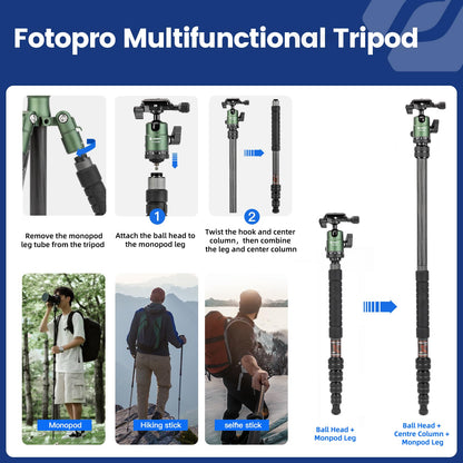 Fotopro 62" Carbon Fiber Travel Tripod, Lightweight Compact Camera Tripod with 360 Degree Ball Head, Detachable Monopod with Arca-Swiss QR Plate and Bag, Load up to 8KG/17.63lbs, Weighs only 2lb