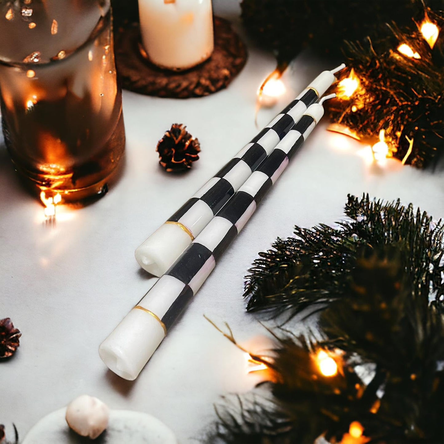%100 Handmade Decorative Hand Painted Taper Candles, 2 Pack | Full Checkered Black & White | for Dinner Table and Interior Decoration,Gift for Celebration Decoration
