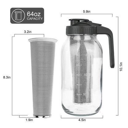 Cold Brew Coffee Maker,64 oz Mason Jar Pitcher with Stainless Steel Filter, Pour Spout Handle Lid, Heavy Duty Glass Airtight & Leak-Proof for Iced Coffee,Tea & Lemonade
