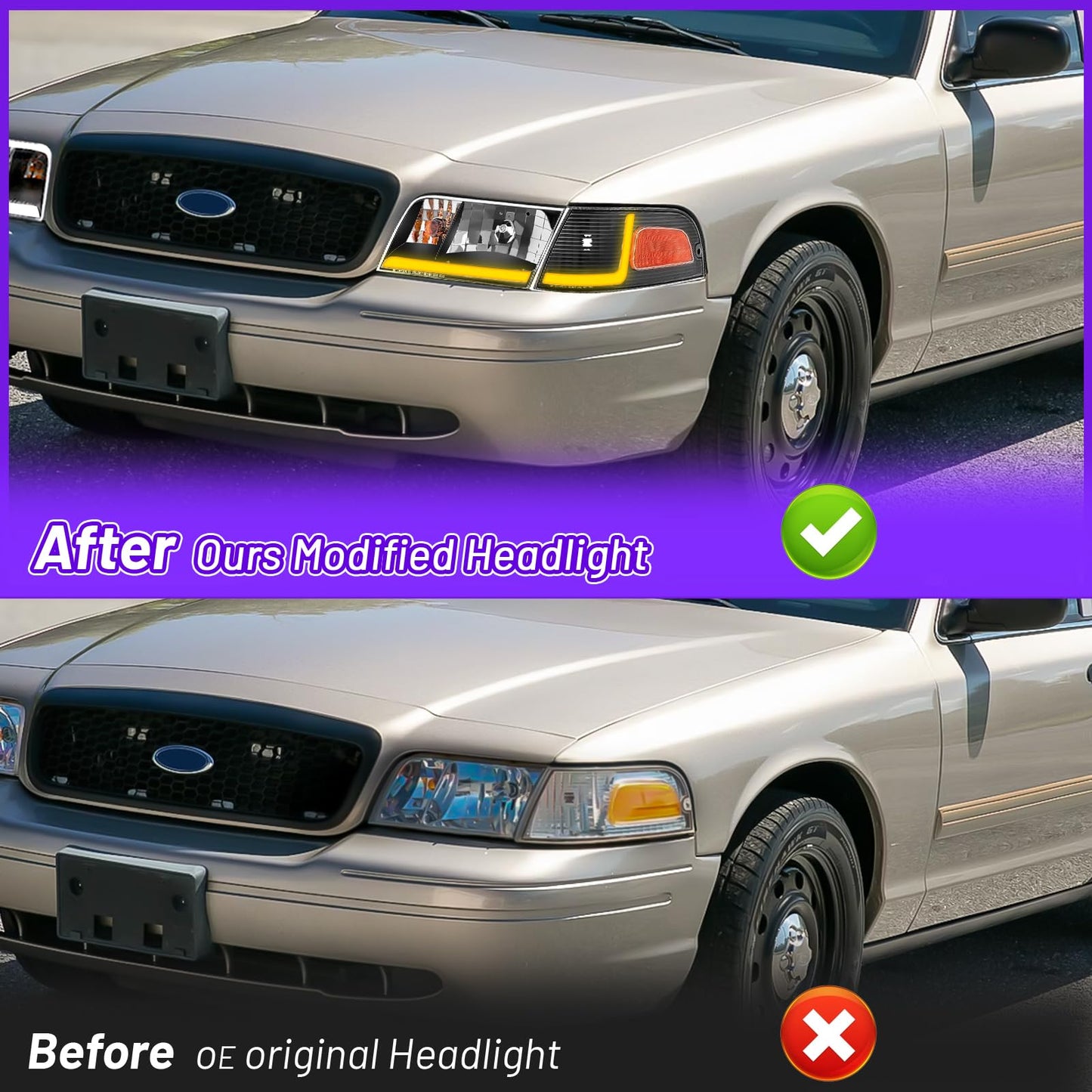 XGWZ Headlight Assembly LED DRL Compatible with 1998-2011 Ford Crown Victoria 98-11 Ford Crown Victoria w/Corner Headlamp (Black Housing Amber Reflector, B)