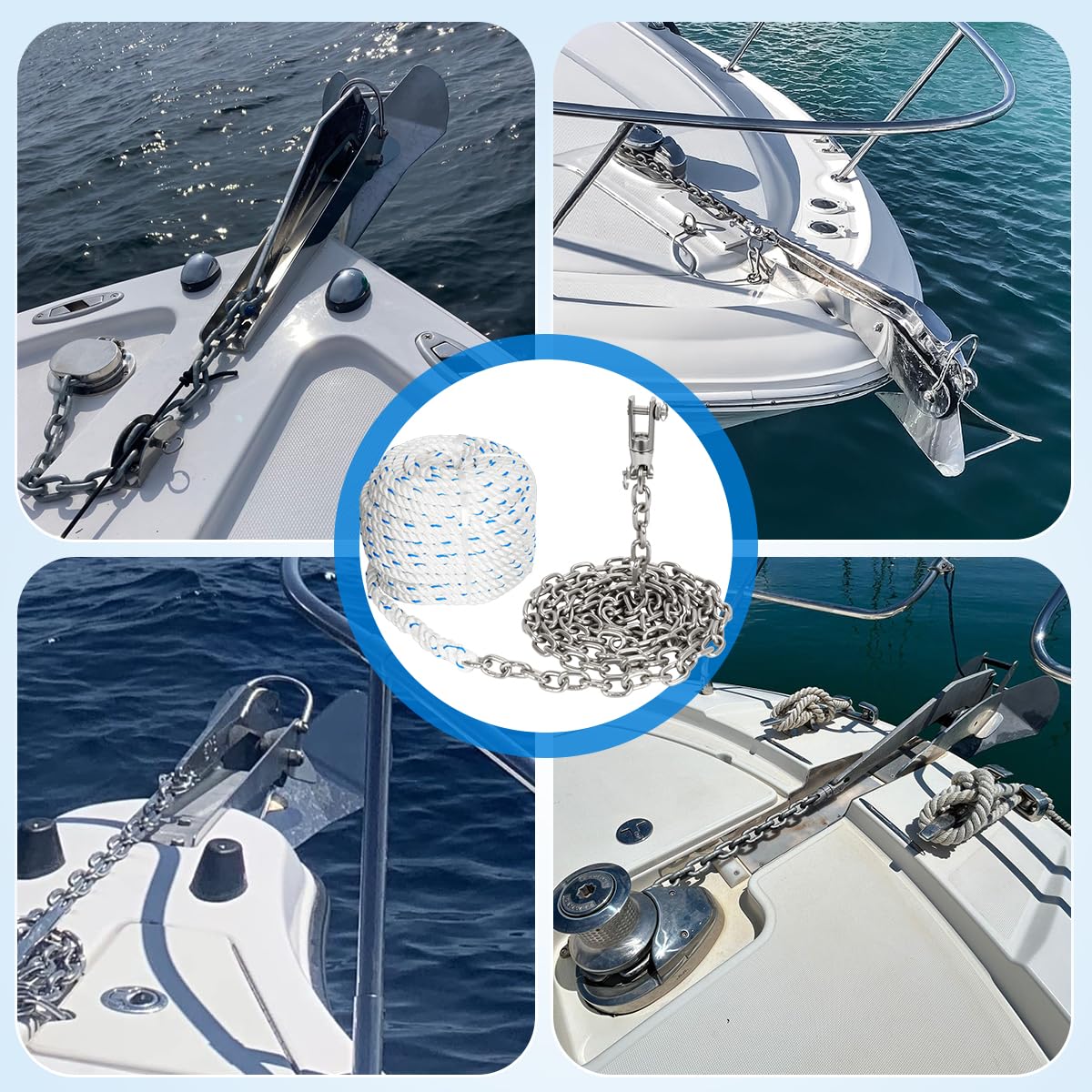 FUCNEN Windlass Anchor Rode, 1/2" Anchor Rope/line 100ft with 1/4" Anchor Chain 10ft and Swivel Connector, G4 316 Stainless Steel Short-Link Marine Chain with 3-Strand Nylon Rope