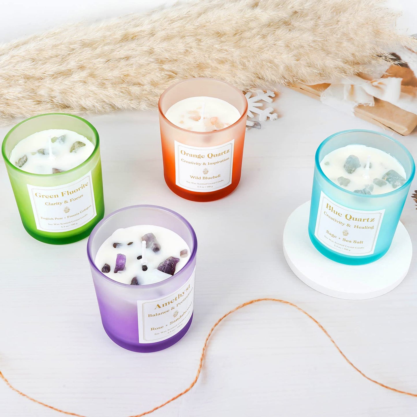 Scented Candles with Healing Crystals, Set of 4 Soy Candle with Crystals Healing Stones, Aromatherapy Candle Teacher's Day Gifts for Women, Rose Sage Amethyst Wax Bathroom Candles for Mother's Day