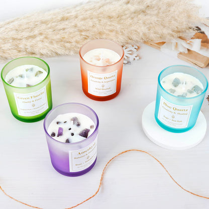 Scented Candles with Healing Crystals, Set of 4 Soy Candle with Crystals Healing Stones, Aromatherapy Candle Teacher's Day Gifts for Women, Rose Sage Amethyst Wax Bathroom Candles for Mother's Day